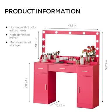 MIRROTOWEL 47.5” Vanity Desk with Large Mirror, 3 Colour Lighting Modes, Adjustable Brightness, Dresser with 3 Drawers & 2 Vertical Cabinets, Makeup Vanity Table for Women Girls - Image 6
