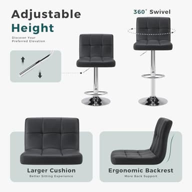 SMUG Bar Stools Set of 4, PU Leather Adjustable Swivel Barstools with Back, Armless Hydraulic Kitchen Counter Height Bar Stools, Thickened Seat Cushion Square Island Barstools - Image 5
