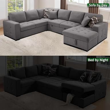 THSUPER 123'' Sectional Sleeper Sofa Couch with Pull Out Bed, 6 Seater U Shaped Oversized Comfy Linen Sleeper Sectional Sofas Couches with Storage Chaise for Living Room, Gray - Image 6