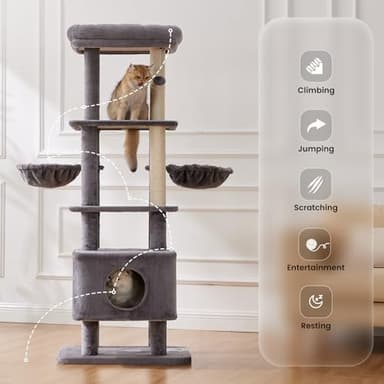 Gardner Pet 65in Heavy Duty Cat Tree Tower for Large Cats, Multi-Level Cat Furniture with Replaceable Sisal Scratching Post, Hammock | Extra-Large Platform & Condo (Grey) - Image 8