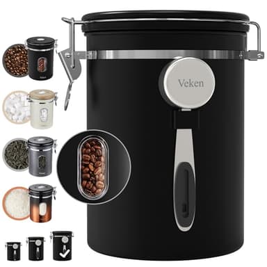 Veken Large Coffee Canister with Window, Rice Kitchen Food Storage Airtight Stainless Steel Container with Lids, Date Tracker and Scoop, Grounds, Beans, Tea, Flour, Cereal, Sugar Jars, 38oz, Black - Image 1
