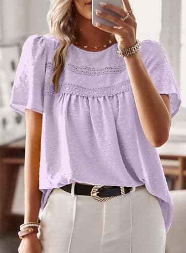 Falechay Purple Plus Size Tops Solid Babydoll Chiffon Pom Pom Short Sleeve Womens Button Down Blouse Cute Bohemian Crewneck Fall XXXL - Image 4