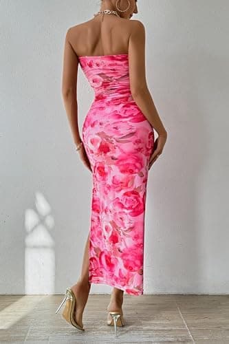 PRETTYGARDEN Women's Summer Wedding Guest Dress Strapless Tube Top Maxi Bodycon Long Floral Mesh Beach Vacation Party Dresses - Image 3