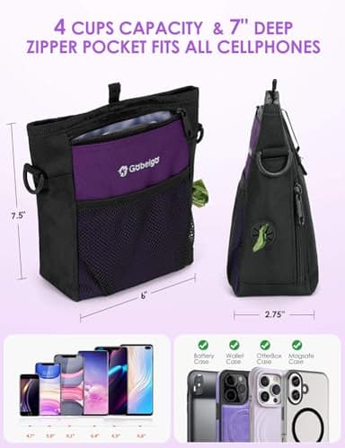Gobeigo Dog Treat Pouch with Silicone Snack Bag, Front Pocket fits All Phones, 4 Cup Treat Bag with Training Clicker, Upgrade Stronger Magnetic Closure, 3 Ways to Wear Walking Fanny Pack (Purple) - Image 4