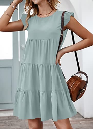 KIRUNDO Women's Summer Mini Dress Sleeveless Ruffle Sleeve Round Neck Solid Color Loose Fit Short Flowy Pleated Dress, Grey Green, Large - Image 3
