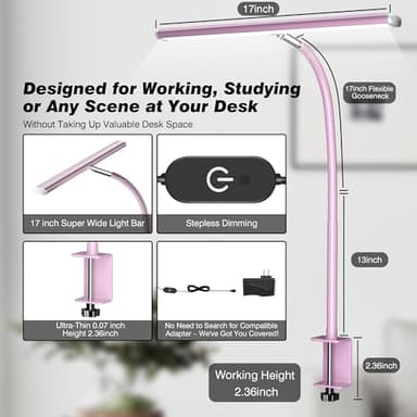 Airlonv LED Desk Lamp for Office Home, Eye-Caring Desk Light with Stepless Dimming Adjustable Flexible Gooseneck, 10W USB Adapter Desk Lamp with Clamp for Reading, Study, Workbench (Pink) - Image 3