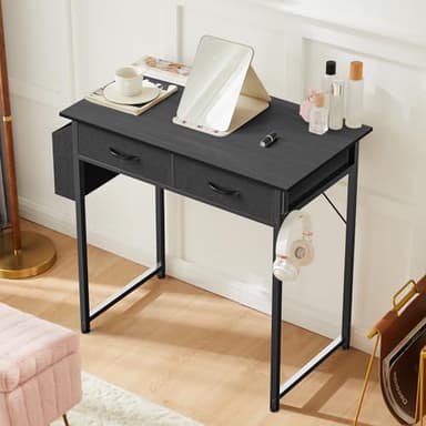 Sweetcrispy Computer Desk Small 32 Inch Home Office Bedroom Writing Study PC Table with Fabric Storage Drawers Space Side Bag Headphone Hook Metal Frame Adjustable Feet Modern Simple Style, Black Wood - Image 8