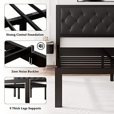 Feonase Full Size Metal Bed Frame with Faux Leather Button Tufted Headboard, Heavy-Duty Platform Bed Frame with 12" Storage, Steel Slats Support, No Box Spring Needed, Noise Free, Black - Image 7