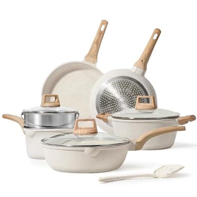 CAROTE Pots and Pans Set Nonstick, White Granite Induction Kitchen Cookware Set, 10 Pcs Non Stick Cooking Set w/Frying Pans & Saucepans(PFOS, PFOA Free) - Image 1