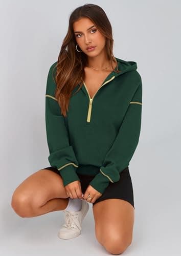 PRETTYGARDEN Women's 2025 Fall Hooded Sweatshirts Long Sleeve Half Zip Cropped Hoodies Pullover Winter Fashion Clothes (Dark Green,X-Large) - Image 6