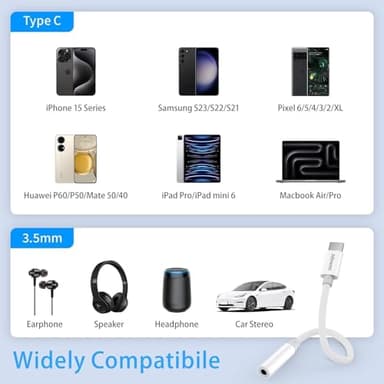 USB C to 3.5mm Headphone Jack Adapter for iPhone17/ iPhone 16/16 Pro/15/15 Pro/Pro Max/Plus, Type C Aux Audio Dongle Cable Cord Compatible with iPad, Samsung Galaxy S23/S23/S22/S21, MacBook（2 Pack） - Image 3