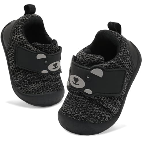 FEETCITY Wide Baby Sneakers Infant Walking Shoes Boys Girls Baby Sneakers Breathable Non-Slip Infant Barefoot Shoes 12-18 Months Black Grey - Image 1