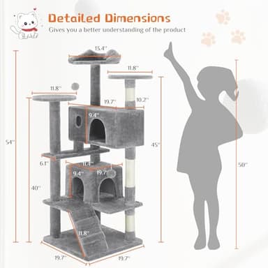 Sweetcrispy 54 Inch Cat Tree Tower, Multi-Level with Cat Scratching Post, Indoor Cat Condo with Climbing Ladder, Plush Toy, Play House for Cat, Light Grey - Image 7
