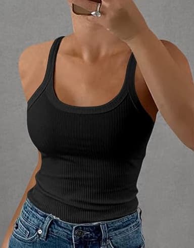 GEMBERA Women Spaghetti Strap Scoop Neck Ribbed Tank Tops Slim Fitted Cotton Camisole Basic Sleeveless Layering Shirts(3227 Black M) - Image 8