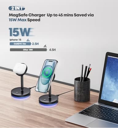 2 Pack Mag-Safe Charger Stand 15W Magnetic Wireless Charging Station for iPhone 16 15 14 13 12 Pro/Pro Max/Plus/Mini Magnet Wireless Charging Station/Pad with LED Light for AirPods 3/2/Pro/Pro 2 - Image 2