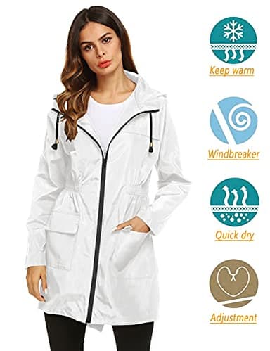 LOMON Womens Lightweight Waterproof Rain Jacket Active Outdoor Hooded Raincoat with Pockets White XXL - Image 2