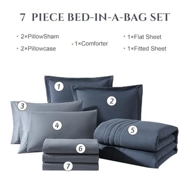 Monbix King Size Comforter Set - 7 Pieces Bed in a Bag King, Blue Gray Bedding Sets with Comforter, All Seasons Down Alternative Comforter Bed Set with Sheets, Pillowcases & Shams - Image 6