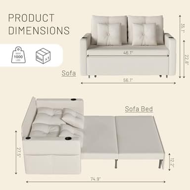 Krcix 3 in 1 Pull Out Couch, 56 Inch Convertible Sleeper Sofa Bed, Loveseat with Cup Holders, Storage Pockets, USB, Sofa Couches for Living Room, Bedroom, Apartment, Beige - Image 3