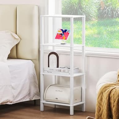 YUFAM 4 Tier Tall Wooden Bookshelf with Storage - Small White Bookcase for Small Spaces, Shelf for Living Room, Office, Bedroom, Kitchen - Industrial Modern Book Shelf - Image 7