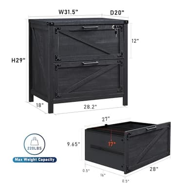 JXQTLINGMU 2 Drawer Farmhouse File Cabinet, Lateral Filing Cabinet with Lock for Home Office, Compatible Legal Letter A4 F4 Size, Black - Image 2