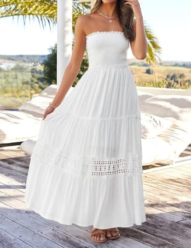 ZESICA Women's 2025 Summer Bohemian Strapless Off Shoulder Lace Trim Backless Flowy A Line Beach Long Maxi Dress,White,Small - Image 9