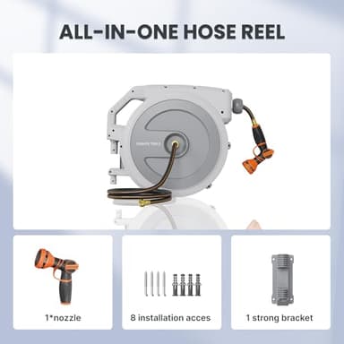 Giraffe Tools Heavy Duty Retractable Garden Hose Reel 1/2 130 FT, Wall Mounted with 9 Pattern Nozzle & Detachable Leader Hose, 180° Swivel Bracket, Any Length Lock, Commercial Grade (Light Grey) - Image 2