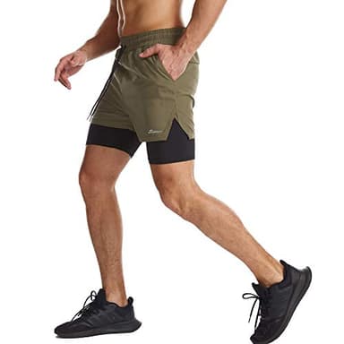 Surenow Mens 2 in 1 Running Shorts Quick Dry Athletic Shorts with Liner, Workout Shorts with Zip Pockets and Towel Loop Green - Image 3