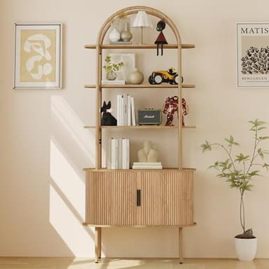 71" Tall Fluted Arched Bookshelf with Sliding Tambour Doors, Mid Century Modern Metal Curved Bookshelf Cabinet with Storage, 4-Tier Open Display Storage Shelf for Home Office, Living Room (Natural) - Image 2