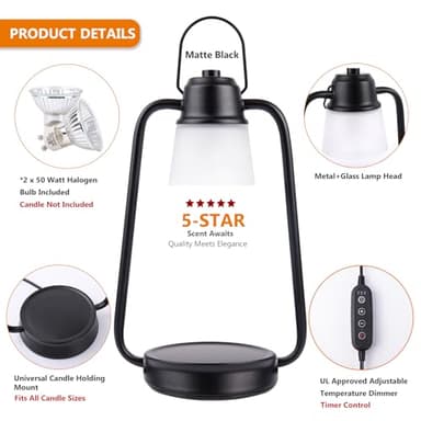 Candle Warmer Lamp with Timer Dimmer - Electric Wax Melt Warmer Lamp for Jar Candles, Vintage Candle Lamp Warmer with 2 Bulbs, House Warming Gifts New Home Decor, Birthday Gifts for Women Mom Black - Image 5