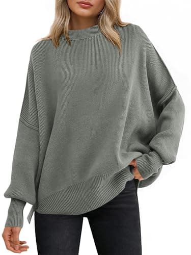 ANRABESS Women Oversized Sweaters Batwing Long Sleeve 2025 Fall Outfits Crewneck Casual Knit Side Slit Fashion Pullover Top Khaki Green Medium - Image 1