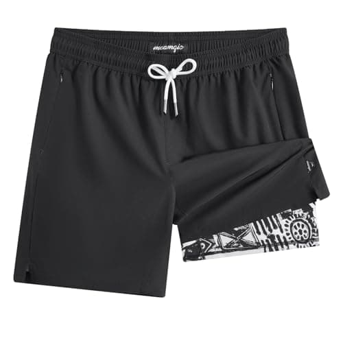 maamgic Mens Swim Trunks with Compression Liner Bathing Suit 7 inch Swim Shorts Swimwear Swimsuit Quick Dry Zipper Pockets Black Floral Medium - Image 1