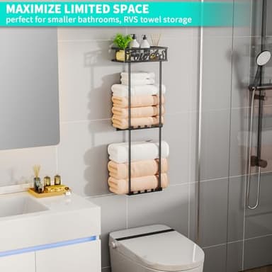HapiRm Towel Rack Bathroom Storage - 3 Tier Over The Door & Wall Mounted Rolled Towel Racks Holder Organizer with Metal Shelf and 6 Hooks for Small Bathroom, Camper, Rv - Black - Image 5