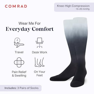 Comrad 3-Pack Nylon Knee High Socks - 15-20mmHg Graduated Compression Socks, (Black Ombre, Wide Calf Large) - Soft & Breathable Support Socks for Men, Pregnant Women, Nurses, Home, Work & Travel - Image 2