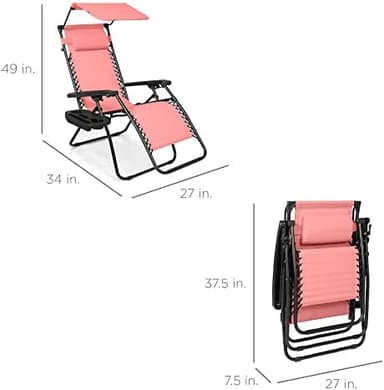 Best Choice Products Folding Zero Gravity Outdoor Recliner Patio Lounge Chair w/Adjustable Canopy Shade, Headrest, Side Accessory Tray, Textilene Mesh - Pink - Image 5