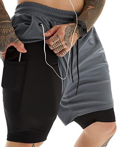 JWJ Men's 2 in 1 Workout Running Shorts 7 Inch Lightweight Athletic Gym Shorts with Compression Liner Deep Gray XL - Image 1