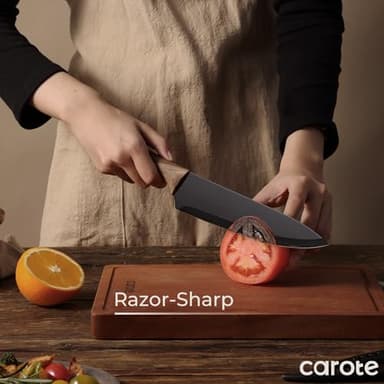 CAROTE 12PCS Knife Set, Stainless Steel Kitchen Knife Set with Nonstick Ceramic Coating Dishwasher Safe with 6 Blade Guards, Rustproof, Black - Image 2