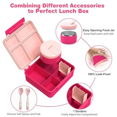 Pawtong Bento Lunch Box with 8oz Soup Thermo, Kids Leakproof Lunch Food Containers with 4 Compartment, Kids Thermo Insulated Hot Food Jar for School, Trvael - (Pink) - Image 2