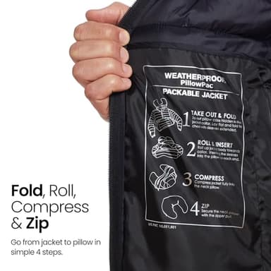 Weatherproof Men's Puffer Jacket, Lightweight Alternative Down Jacket with Packable Travel Neck Pillow, Travel-Ready Winter Jackets for Men, Water & Wind Resistant, Black, Medium - Image 3
