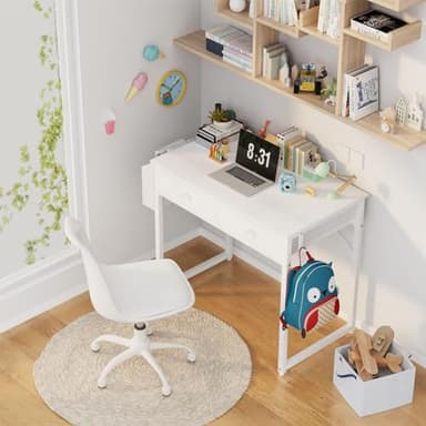 Lufeiya Small White Desk with Drawers - for Bedroom, 32 Inch Home Office Computer Desk with Fabric Storage Drawer and Bag, Study Writing Table for Small Spaces, White - Image 2