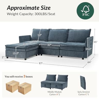 HULALA HOME 97'' Modular Sectional Sofa, L Shaped Couch with Storage Ottoman, Comfy Chenille Sofa with Deep Seat, 4 Seat Convertible Sectional Couches for Living Room, Blue - Image 2