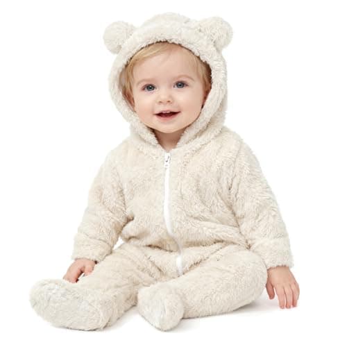 Baby Plush Long Sleeve Polar Fleece Jumpsuit With Bear Ears Baby Fleece Hooded Jumpsuit Infant Winter Outfit (Beige, 3-6 Months) - Image 1