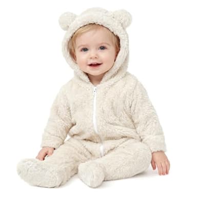 Baby Plush Long Sleeve Polar Fleece Jumpsuit With Bear Ears Baby Fleece Hooded Jumpsuit Infant Winter Outfit (Beige, 3-6 Months) - Image 1