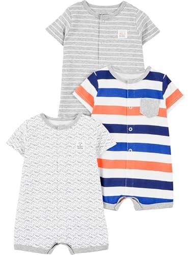 Simple Joys by Carter's Baby 3-pack Snap Up Rompers, stripe, whale, tiger, 0-3 Months - Image 1