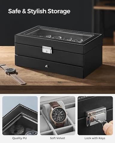 SONGMICS Watch Box, 12-Slot Watch Case Organizer with Large Glass Lid, 2 Layers, Removable Pillows, Metal Lock, Gift for Loved Ones, Black Synthetic Leather, Gray Lining UJWB012 - Image 4