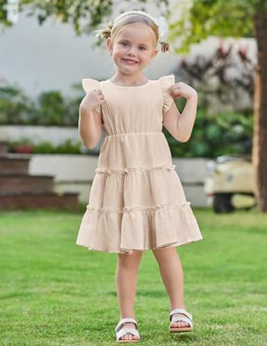 Arshiner Toddler Beige Girls Dress Ruffle Sleeveless Tiered Swing Twirly Dresses Cute Summer Beach Sundress 5t - Image 2