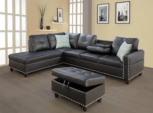 Wakefit Sectional Sofa Couch, Modern 4-Seaters Living Room Furniture Sets with Chaise Lounge, Ottoman & 2 Pillows | L Shape Couch | Cup Holder | Faux PU Leather, Black - Image 1