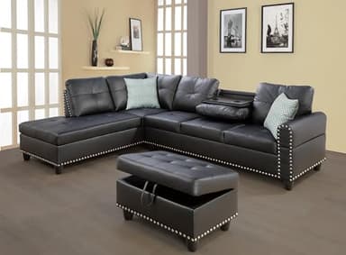 Wakefit Sectional Sofa Couch, Modern 4-Seaters Living Room Furniture Sets with Chaise Lounge, Ottoman & 2 Pillows | L Shape Couch | Cup Holder | Faux PU Leather, Black - Image 1