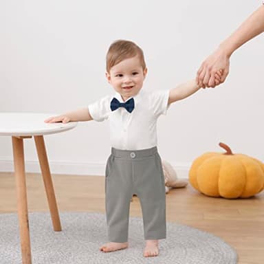 DISAUR Baby Boy Clothes Toddler Boy Outfits, 4PC Gentleman Short Sleeves Romper + Vest + Pants + Bow Tie Cotton Suit Set (Gray, 12-18 months) - Image 2