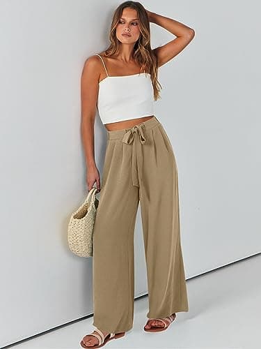 Caracilia Women Wide Leg Palazzo Pants Summer High Waist Flowy Casual Trousers Loose Lounge Beach Travel Vacation Clothes Khaki XX-Large - Image 9