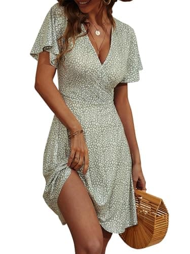 FENSACE Womens Summer Dresses Wrap Midi Causal Skater Sage Green Spring Sun Dress(Green,Large) - Image 1